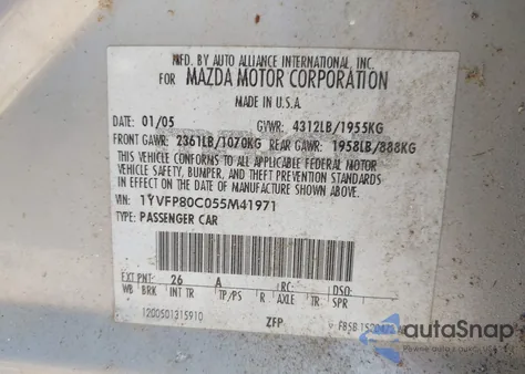 2005 Mazda Mazda6 I Base z USA, uszkodzony, nr VIN 1YVFP80C055M41971